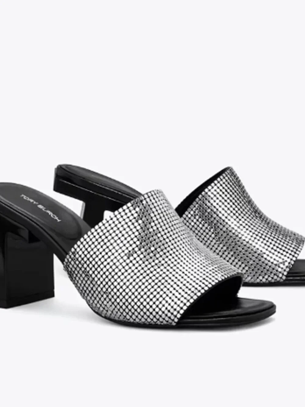 Tory Burch Block T Chainmail Mule Sandal, Silver, 6.5, NIB